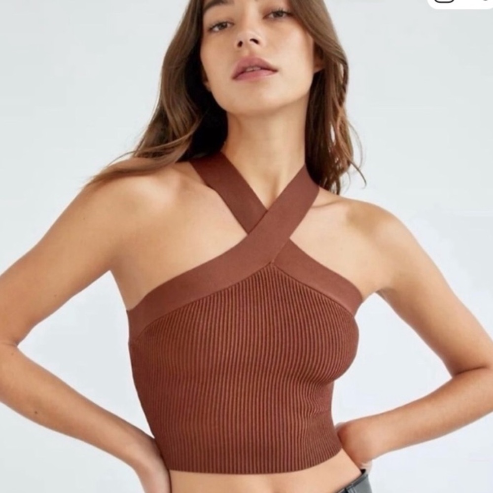 Aritzia Babaton Sculpt Knit CrissCross Tank ribbed rust brown compressive fabric